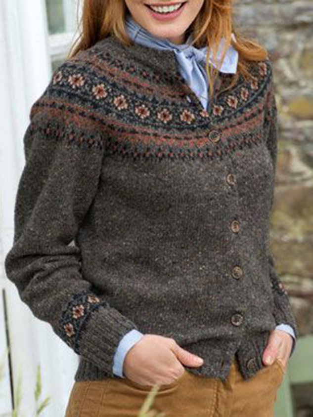 Long Sleeve Knitted Color-Block Geometric Outerwear