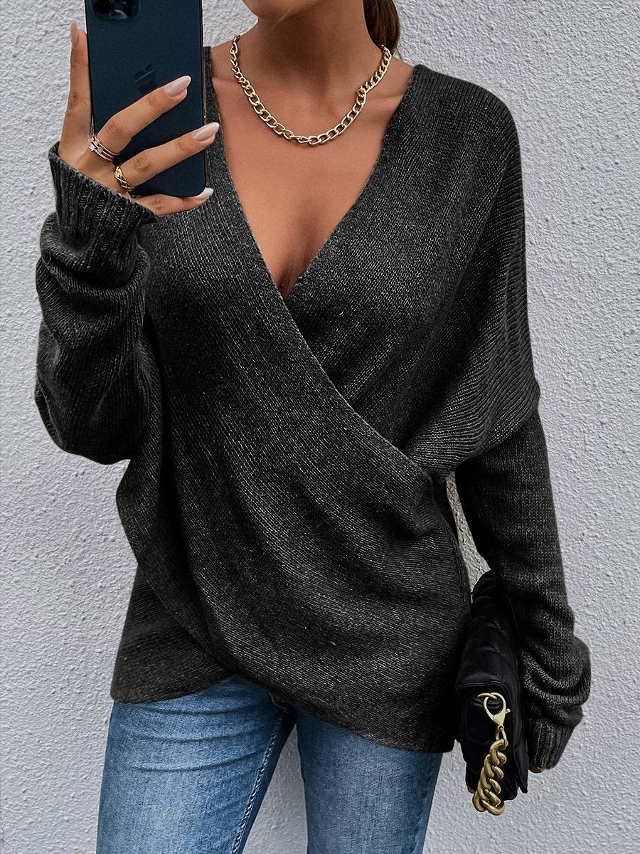 Women's Cross V-Neck Long Sleeve Knitted Sweater
