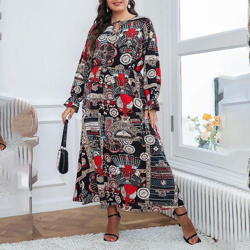 Women's Plus Size A Line Dress Print Crew Neck Long Sleeve Fall Winter Stylish Casual Maxi long Dress Date Vacation Dress