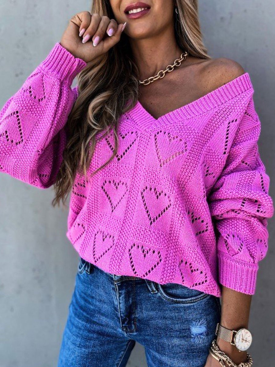 Solid color V-neck heart-shaped hollow loose knit sweater