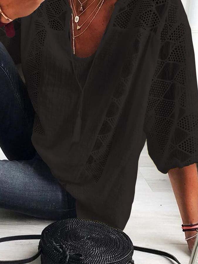 Women's Lace Panel Lace Up U-Neck Top