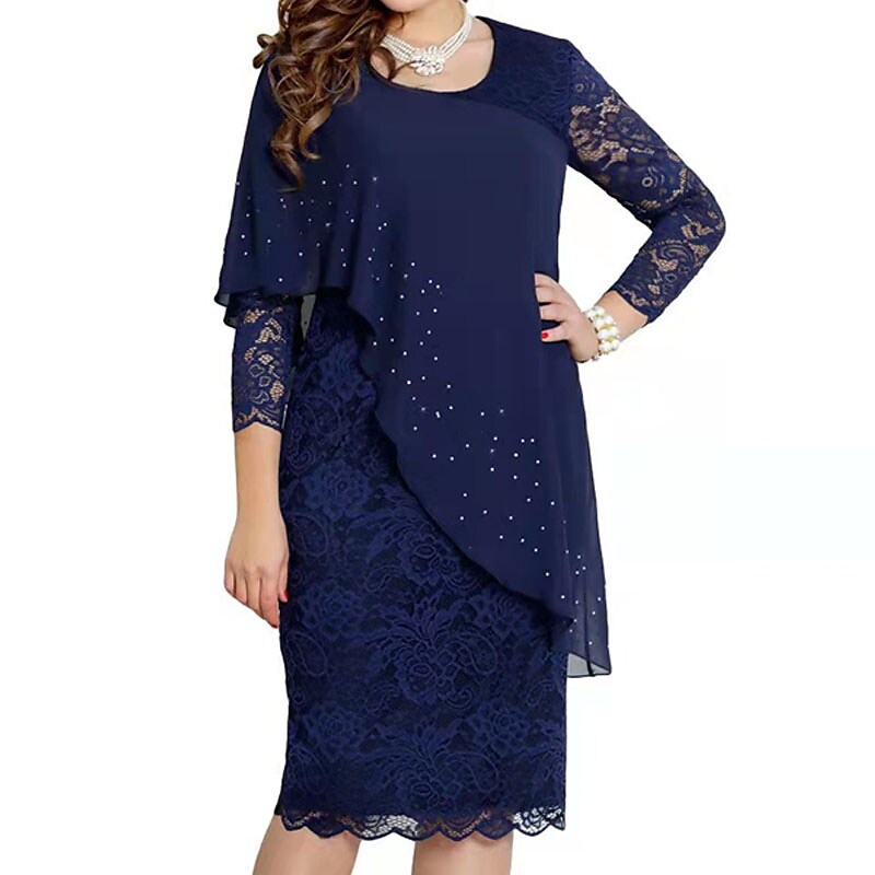 Women's Plus Size Lace Dress Pure Color Round Neck 3/4 Length Sleeve Dress