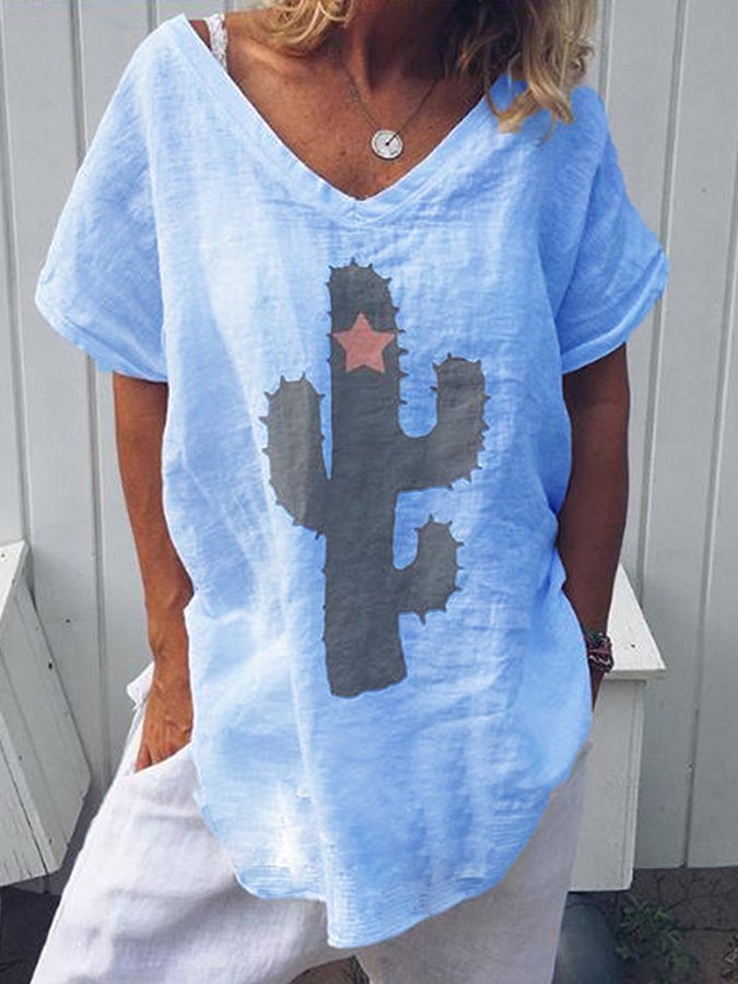 Ladies Cotton Linen Print Casual Top