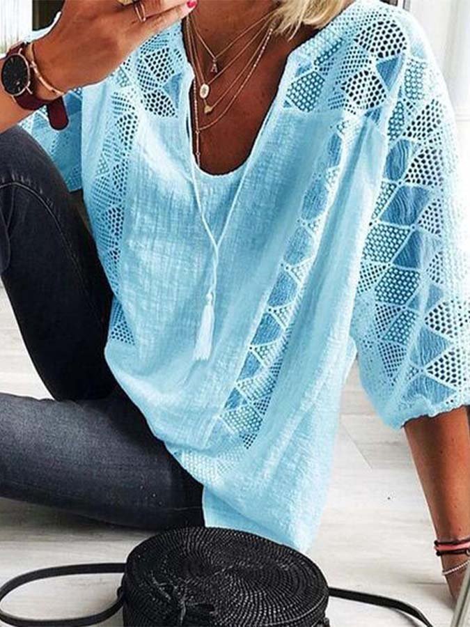 Women's Lace Panel Lace Up U-Neck Top