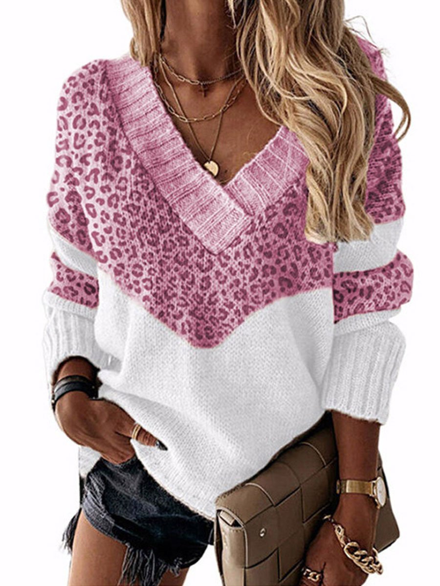 Leopard Color Block V-Neck Sweater