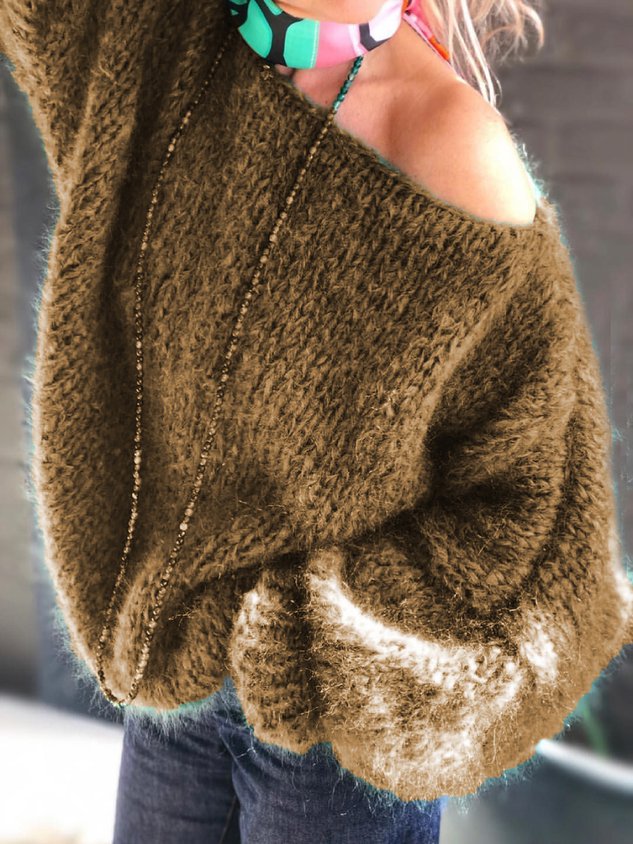 Green Solid Off Shoulder Knitted Casual Sweater