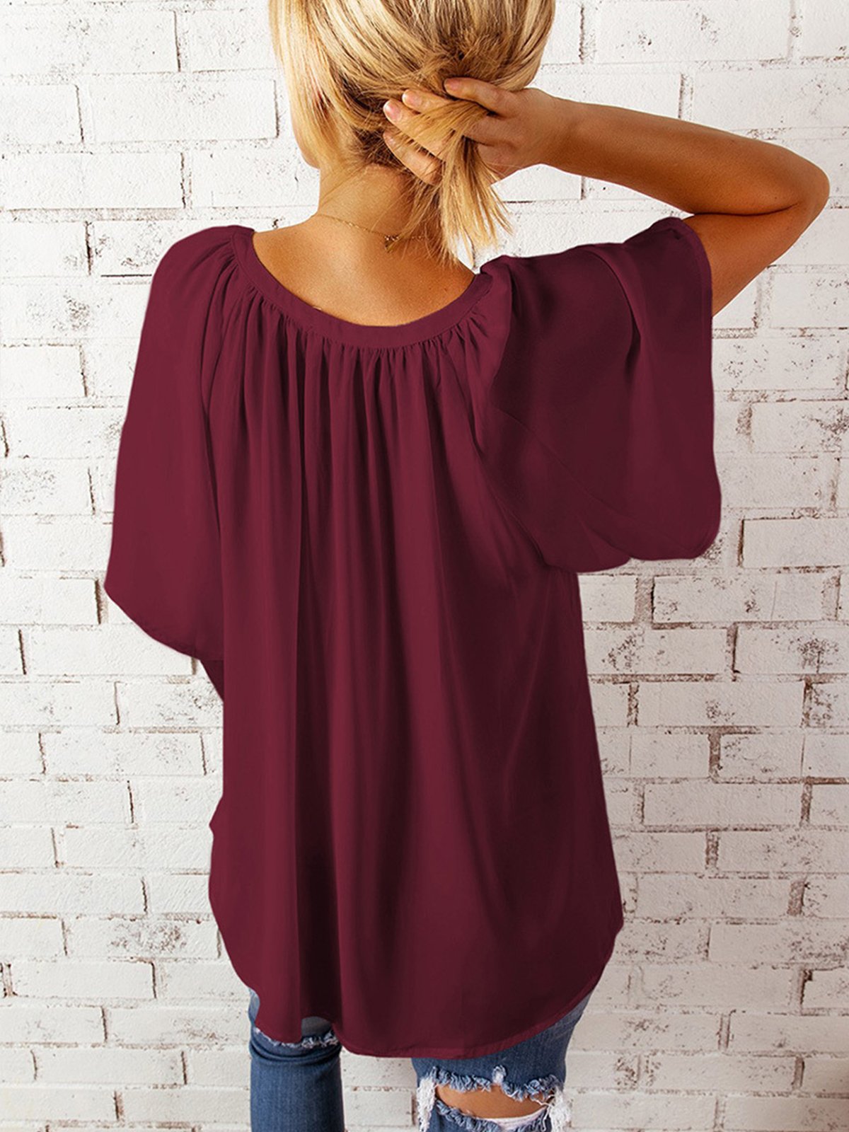 Women's Pure Color Gathered V-Neck Ruffle Sleeve Chiffon Shirt
