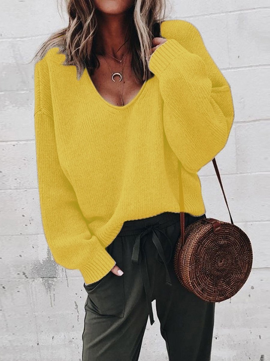 Loose Fitted V-Neck Solid Color Long Sleeves Sweater