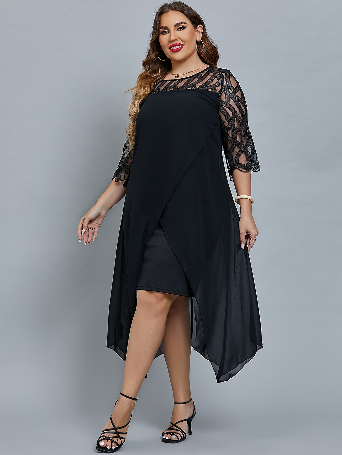 Women's Plus Size Curve Party Dress Solid Color Crew Neck 3/4 Length Sleeve Fall Spring Elegant Prom Dress Midi Dress Formal Party Dress / Mesh