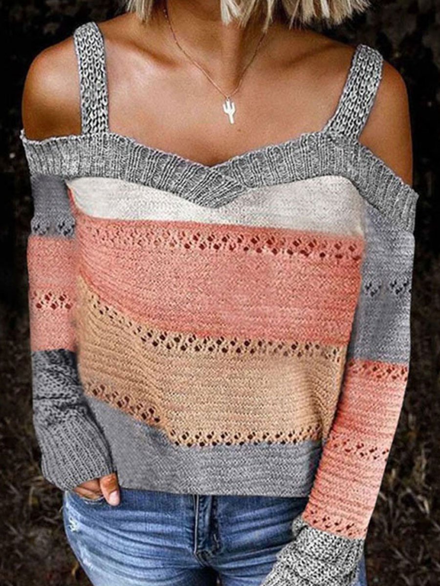 Off-the-shoulder stitching casual long-sleeved knitted sweater