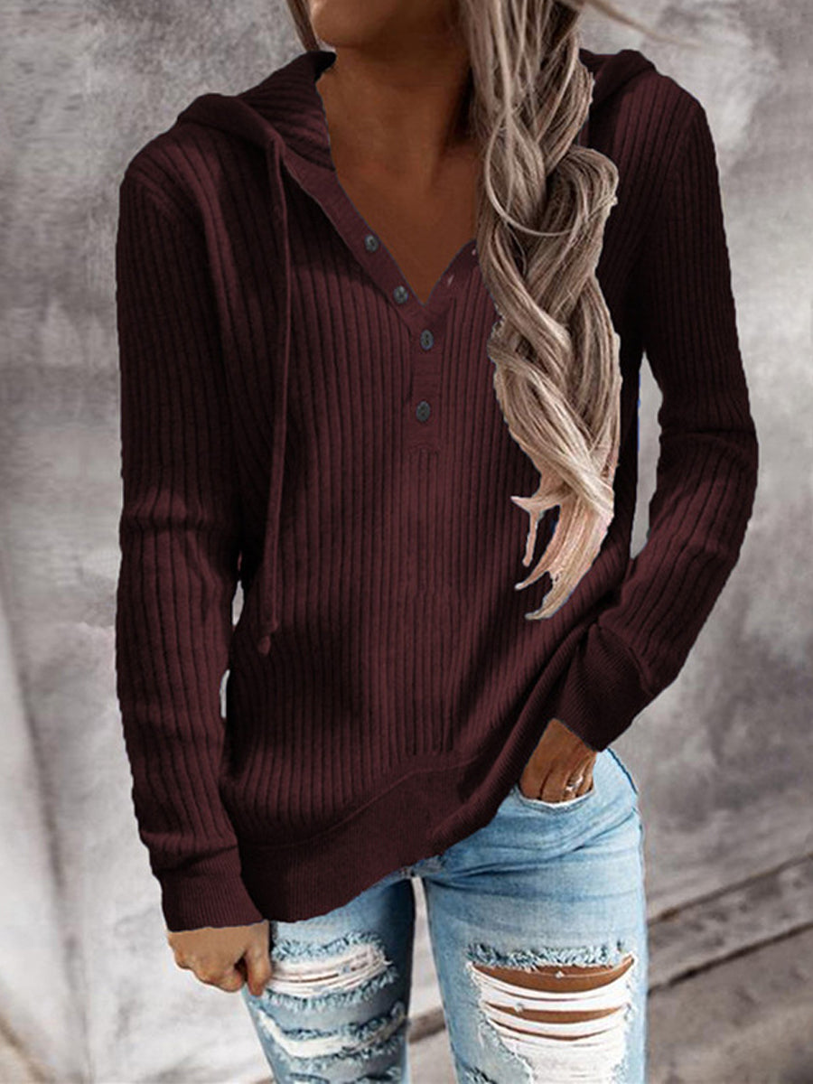 Women's Solid Knit Button Long Sleeve Sweater