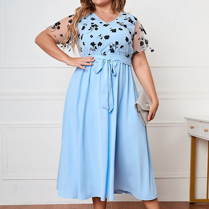 Women's Plus Size Casual Dress Floral V Neck Short Sleeve Fall Winter Casual Midi Dress Causal Daily Dress
