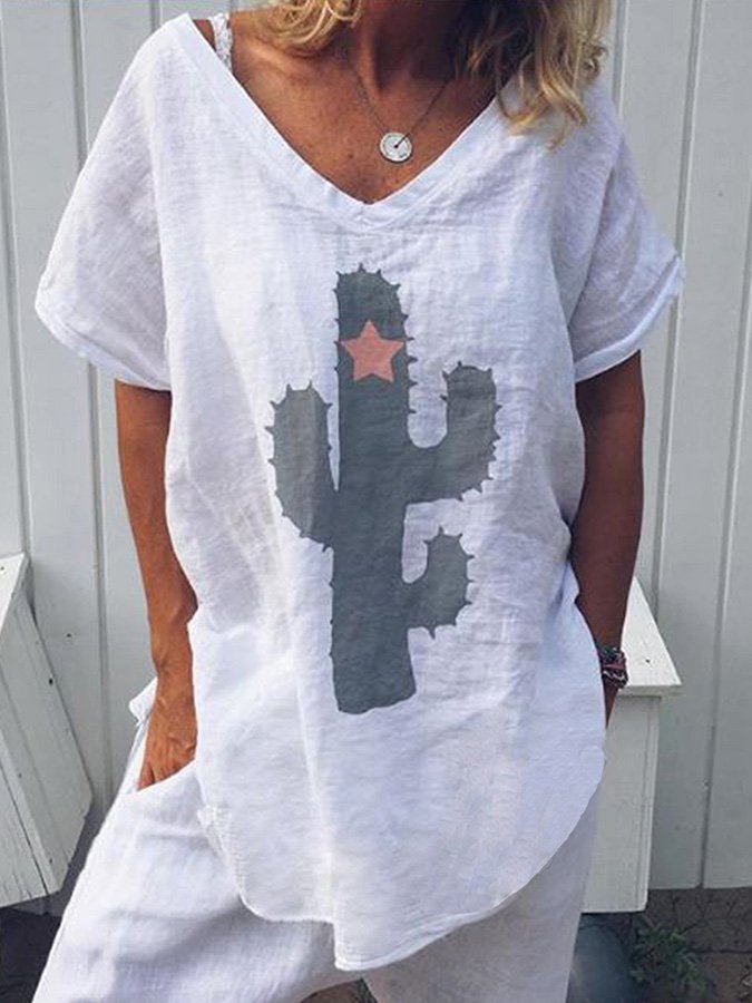 Ladies Cotton Linen Print Casual Top