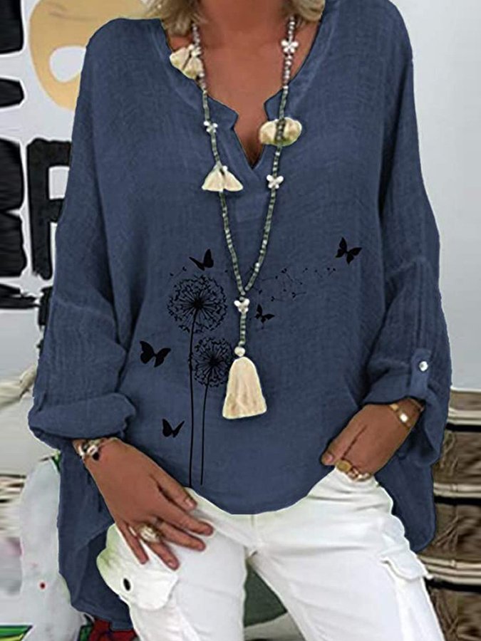 Ladies Cotton Linen V-Neck Plus Size Printed Shirt