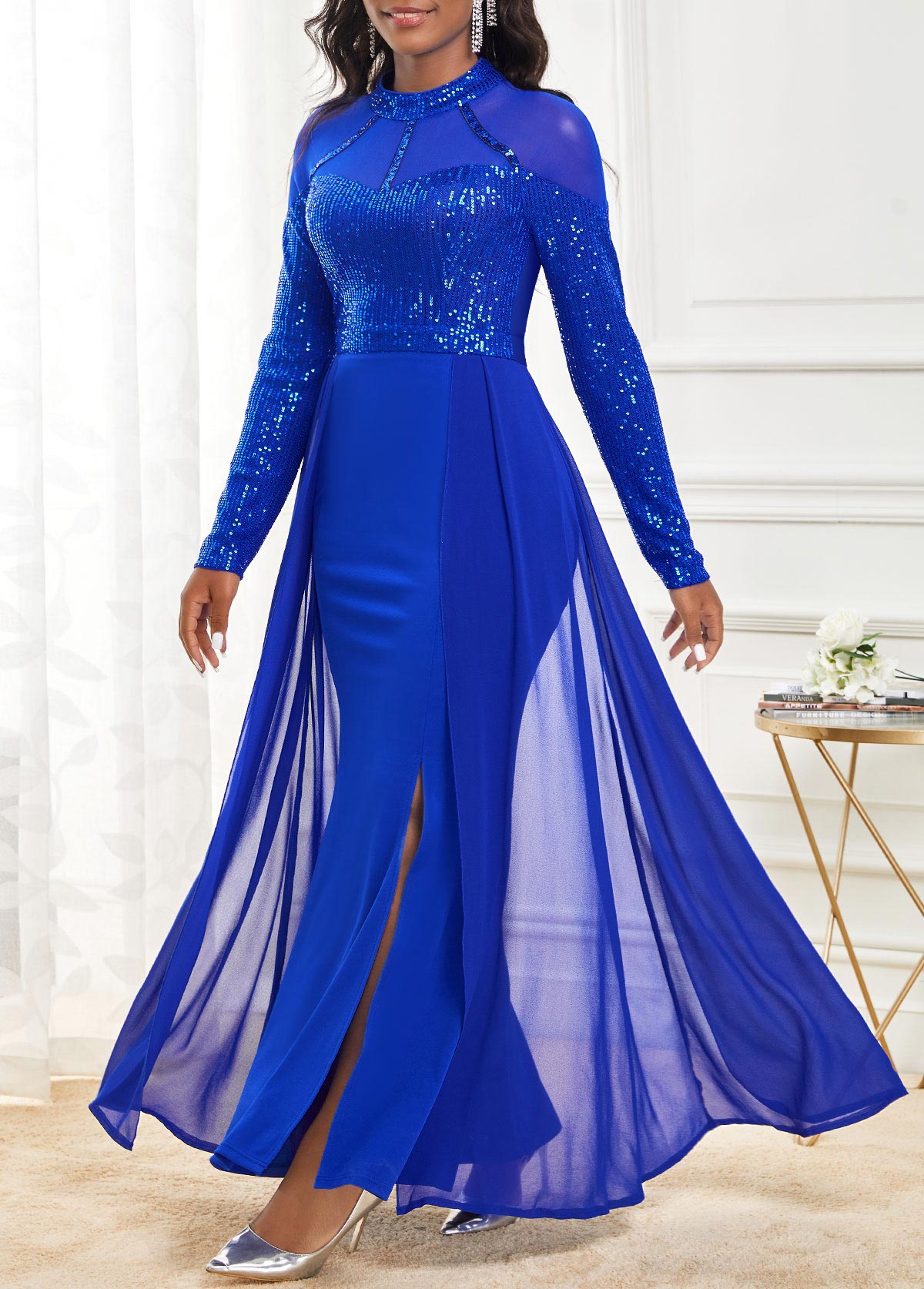 Shinning Sapphire Blue Side Slit Maxi Dress