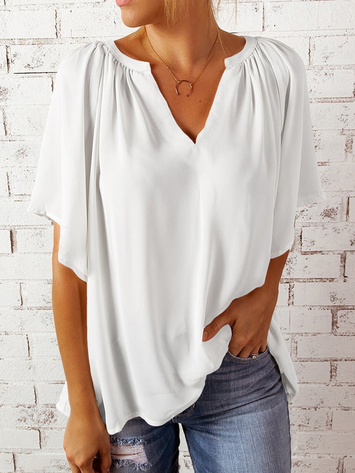 Women's Pure Color Gathered V-Neck Ruffle Sleeve Chiffon Shirt