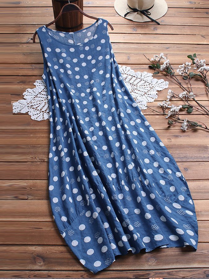 Women's Sleeveless Bohemian Print Polka Dot Dress