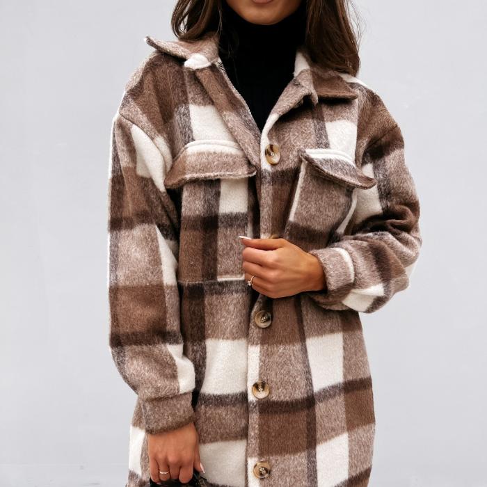 Elegant plaid design long sleeve women coat