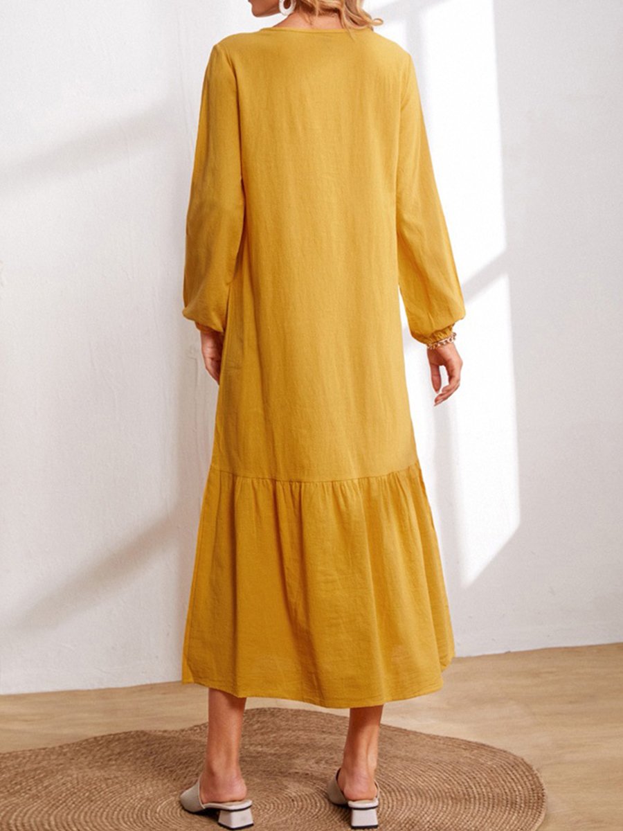 Women's Solid Color Long Sleeve Pleated Cotton Linen Dress