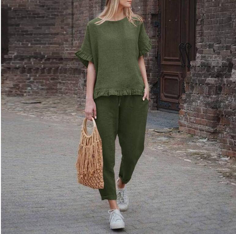 Cotton and linen short sleeve top + trousers loose fitting suit