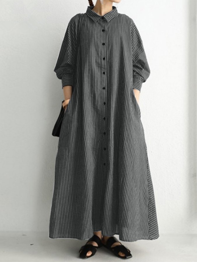 Women's Casual Loose Striped Shirt Dress