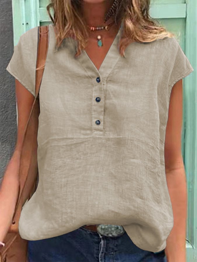 Women's Casual Solid Color Button V-Neck Cotton Linen Shirt