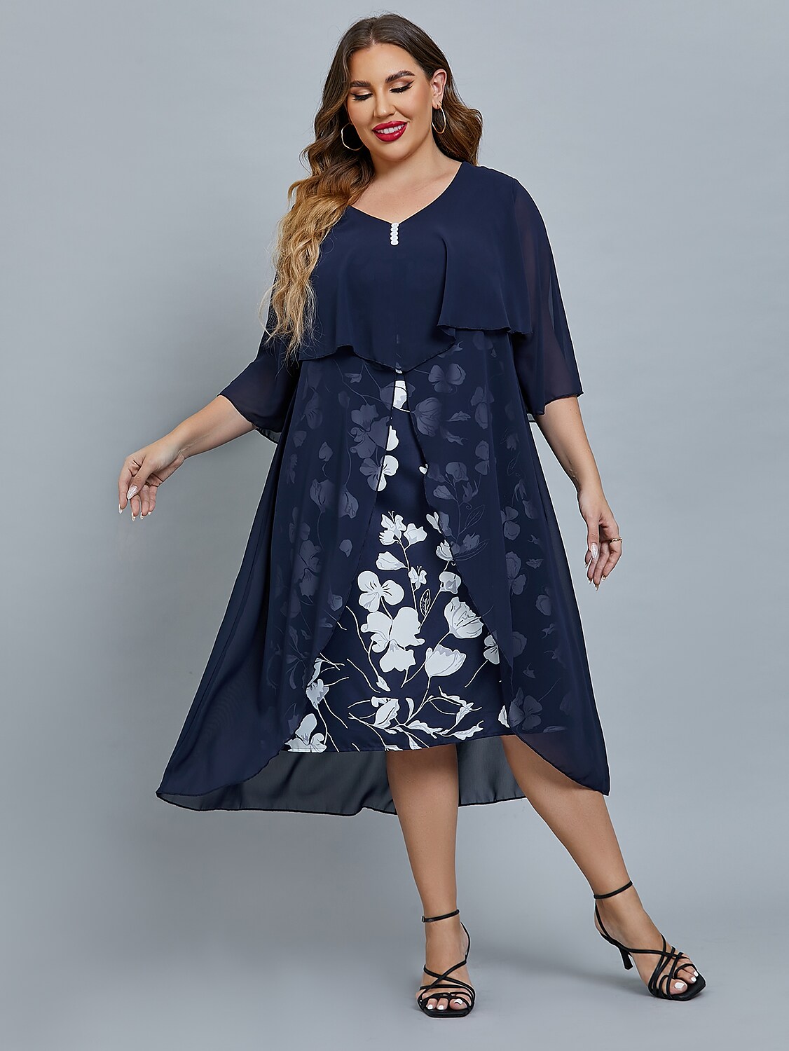Women's Plus Size Curve Party Dress Floral V Neck Mesh 3/4 Length Sleeve Fall Spring Elegant Midi Dress Party Date Dress / Layered / Print