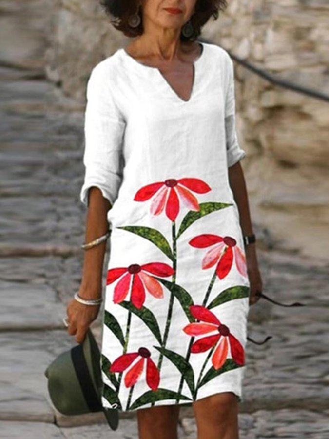 Women's Fashion Print V-Neck Half-Sleeve Mid-Length Dress