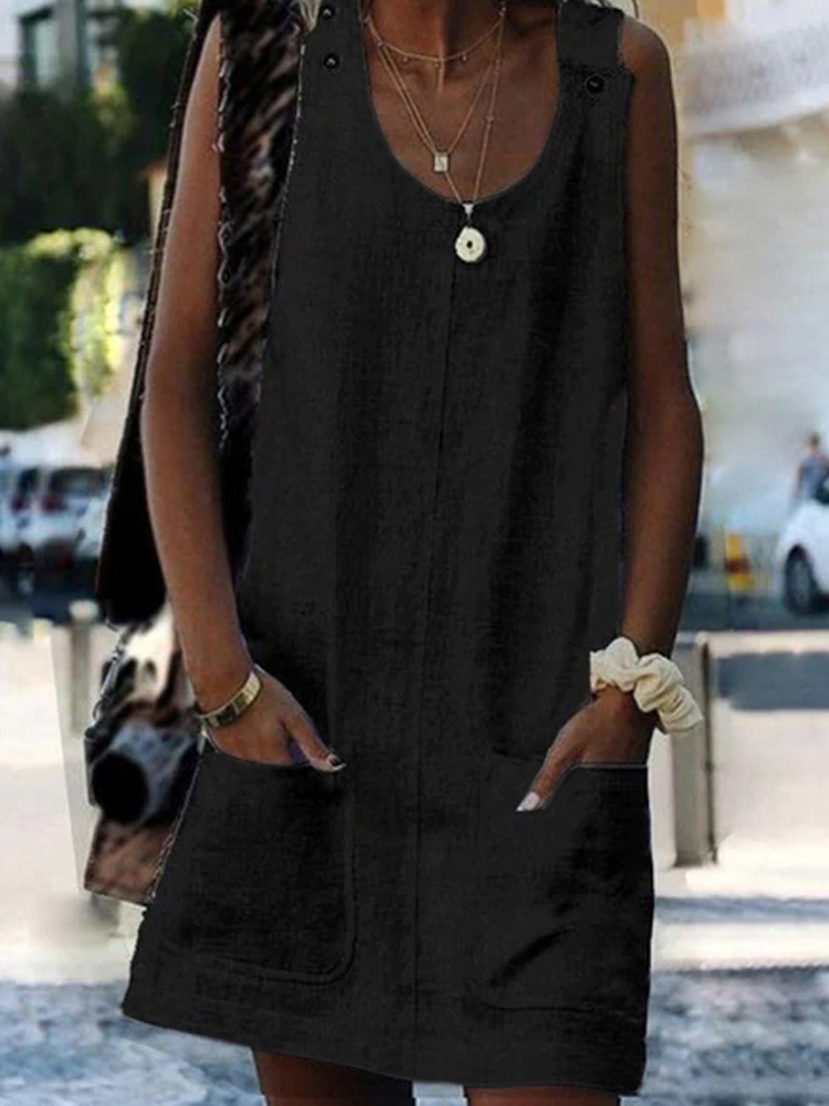 Women's Pure Color Strap Cotton Linen Dress