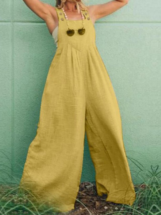 Ladies Cotton Linen Solid Color Strap Long Wide Leg Jumpsuit