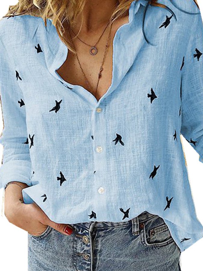 Ladies Cotton Linen Print Casual Loose Long Sleeve Shirt