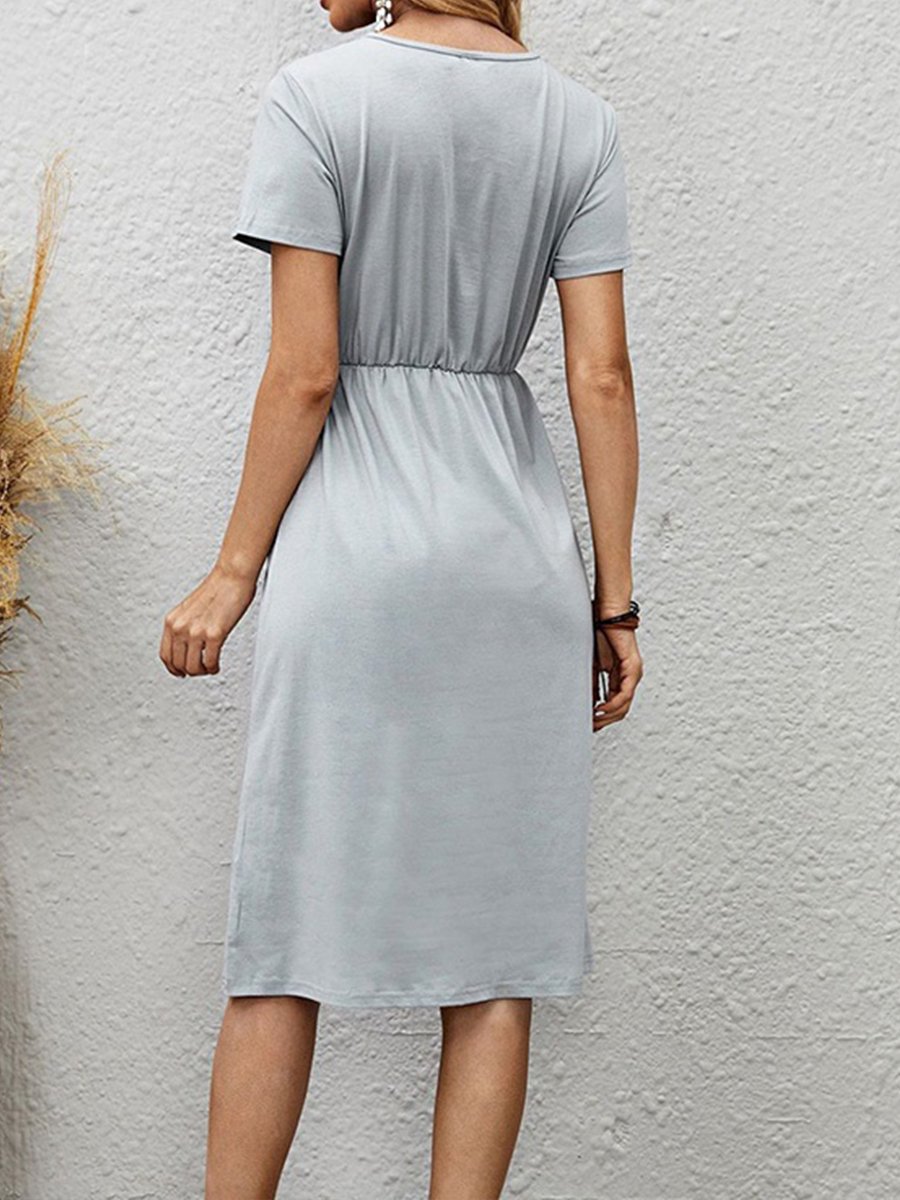 Women's Solid Color Pleated Button Insert Pocket Cotton Linen Dress