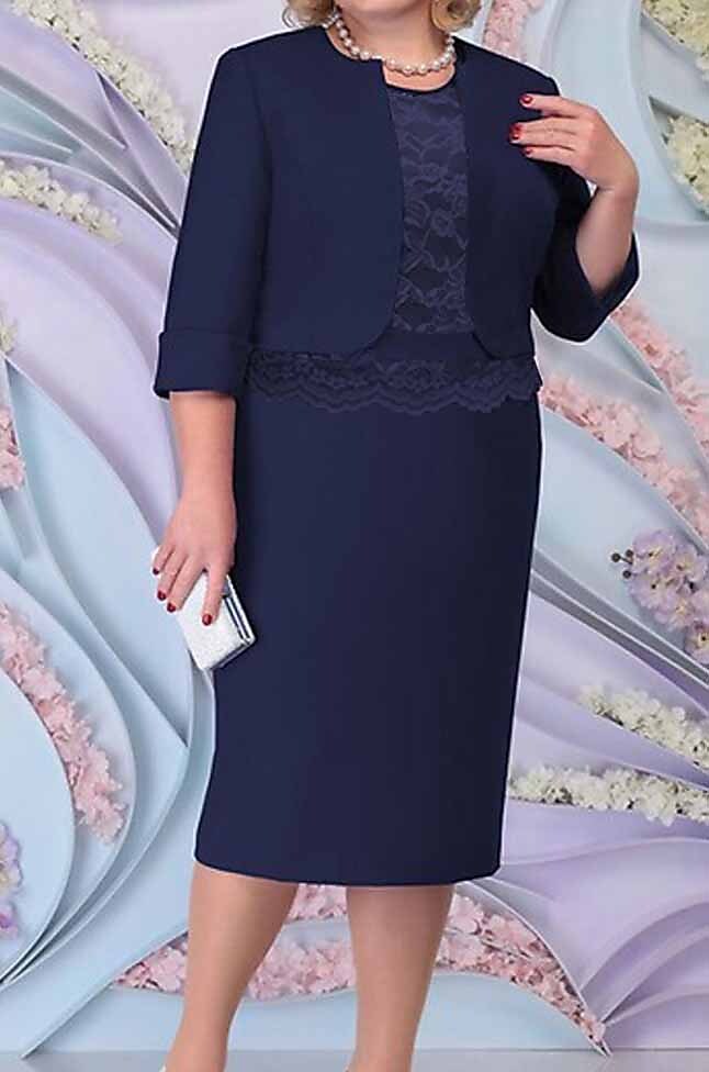 Women's Plus Size Two Piece Dress Solid Color Crew Neck Lace Dress