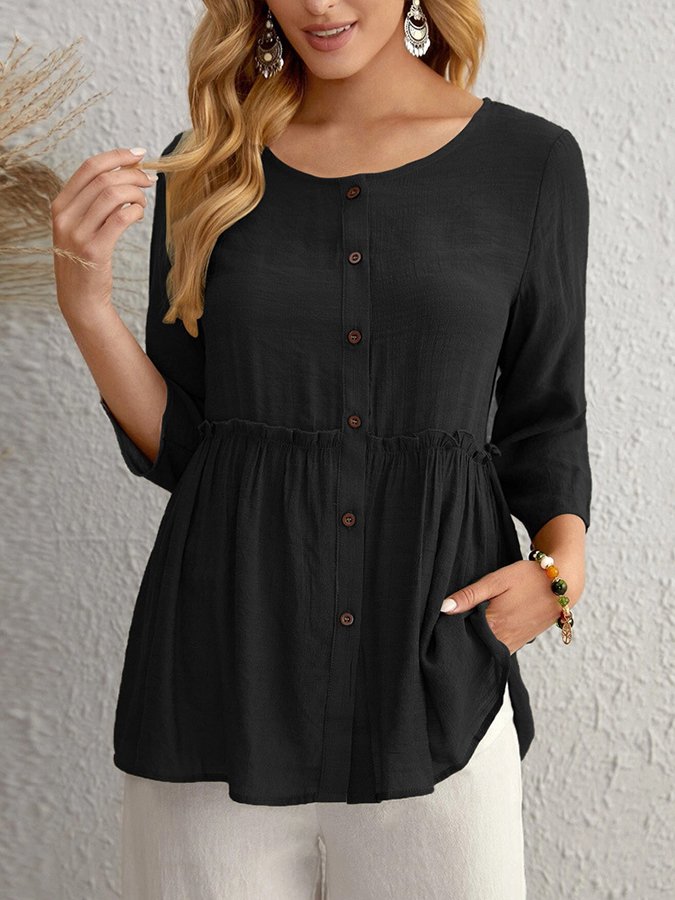 Ladies Cotton Linen Casual Round Neck Shirt