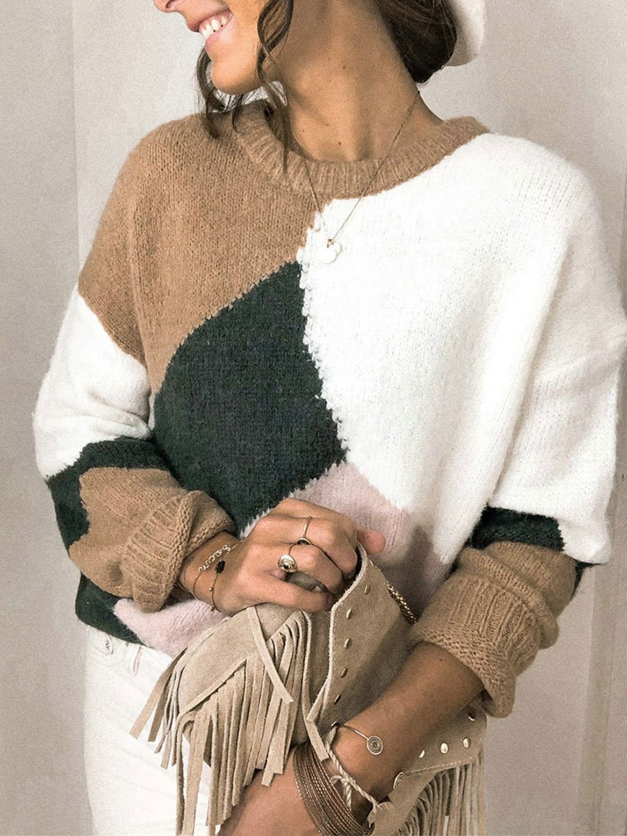 Round neck loose contrast stitching sweater