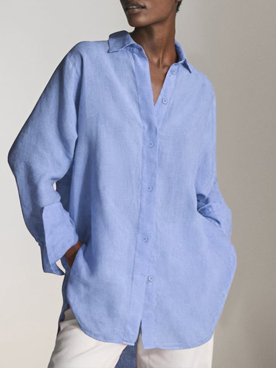 Women's Solid Color Cotton Linen Long Sleeve Shirt