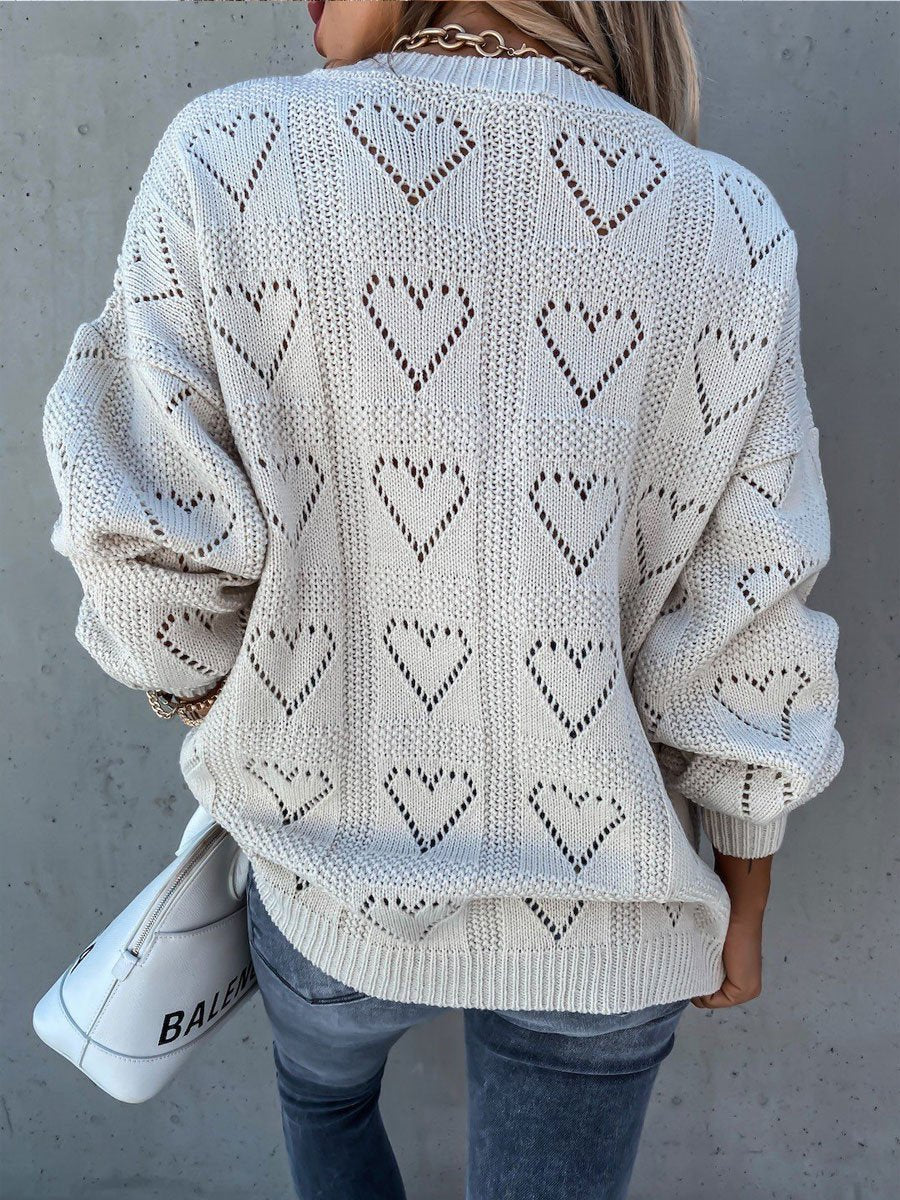 Solid color V-neck heart-shaped hollow loose knit sweater