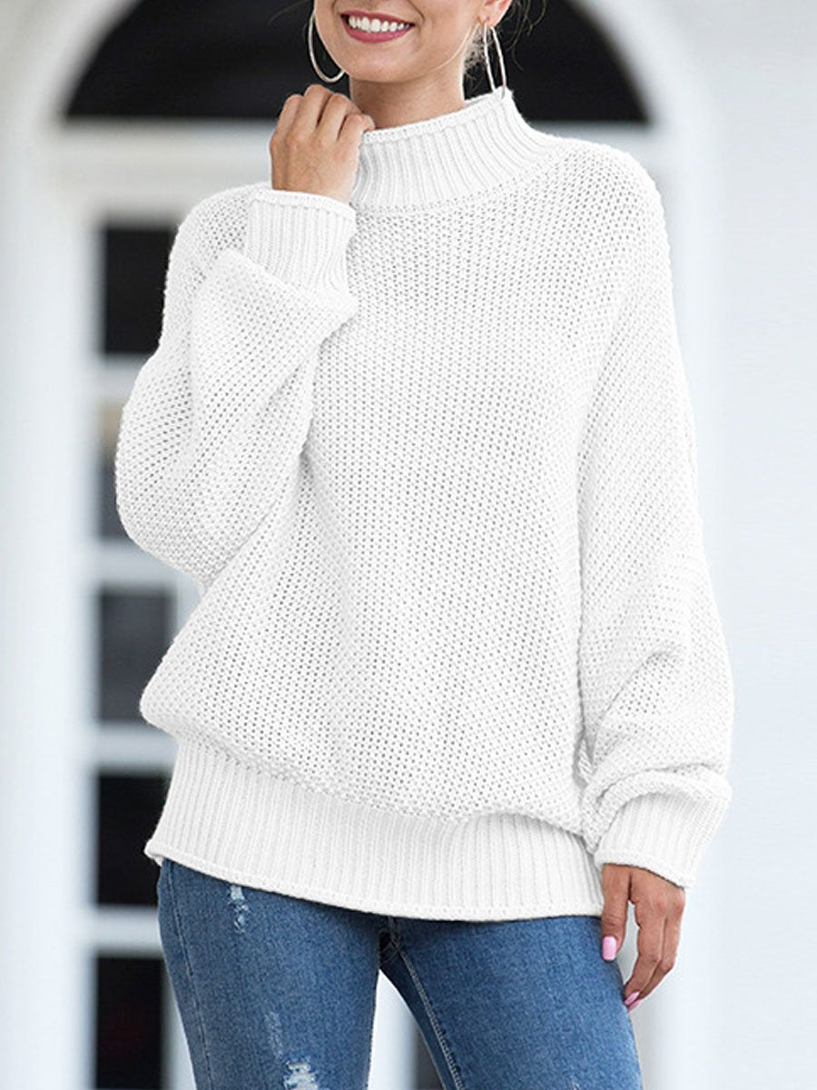 Rolled high neck bat sleeve knit sweater