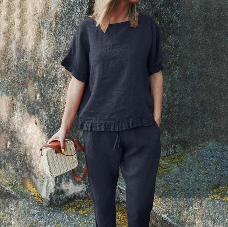 Cotton and linen short sleeve top + trousers loose fitting suit
