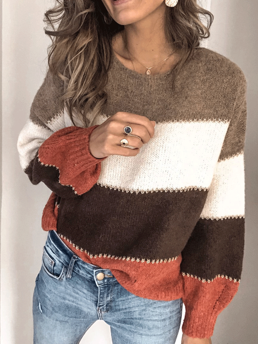 Contrast Stitching Crew Neck Knitted Sweater