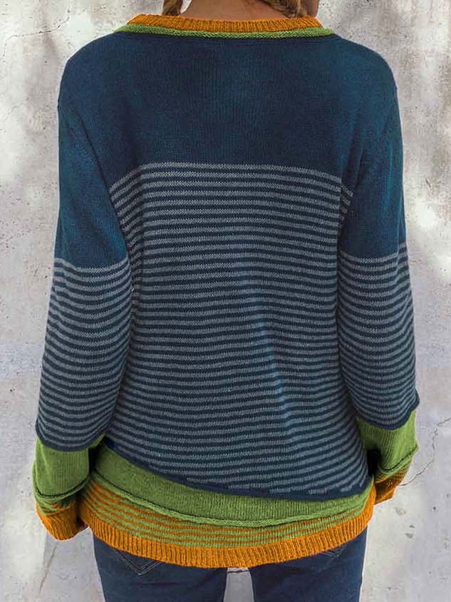 Striped Buttoned Color-block Knitted Tops