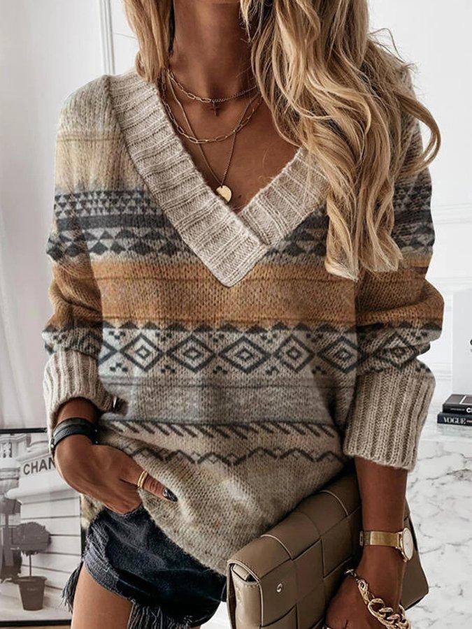 Khaki Long Sleeve V Neck Sweater