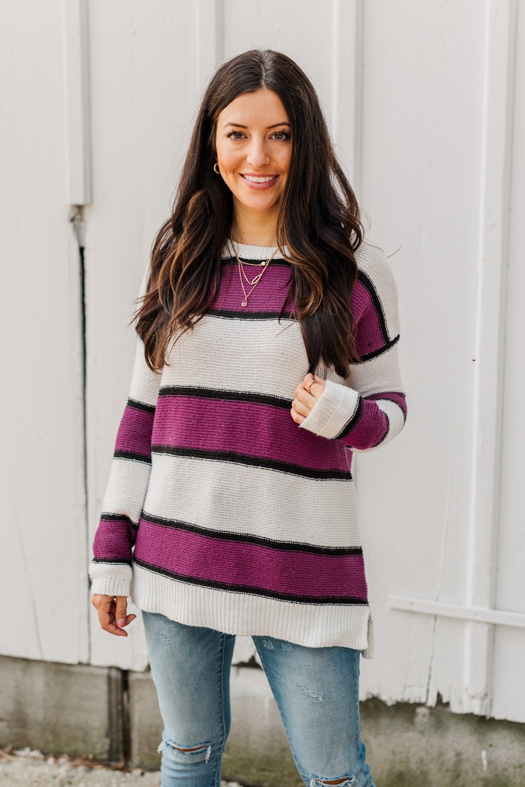 Oh So Soft Striped Knit Sweater- Magenta
