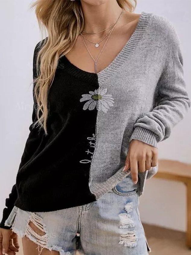 Casual Floral Autumn Polyester Cotton Daily Loose Long sleeve Regular Regular Sweater for Women