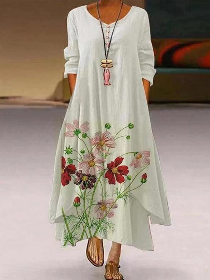 Women's Fashion Printed Irregular Hem Round Neck Long Sleeve Dress