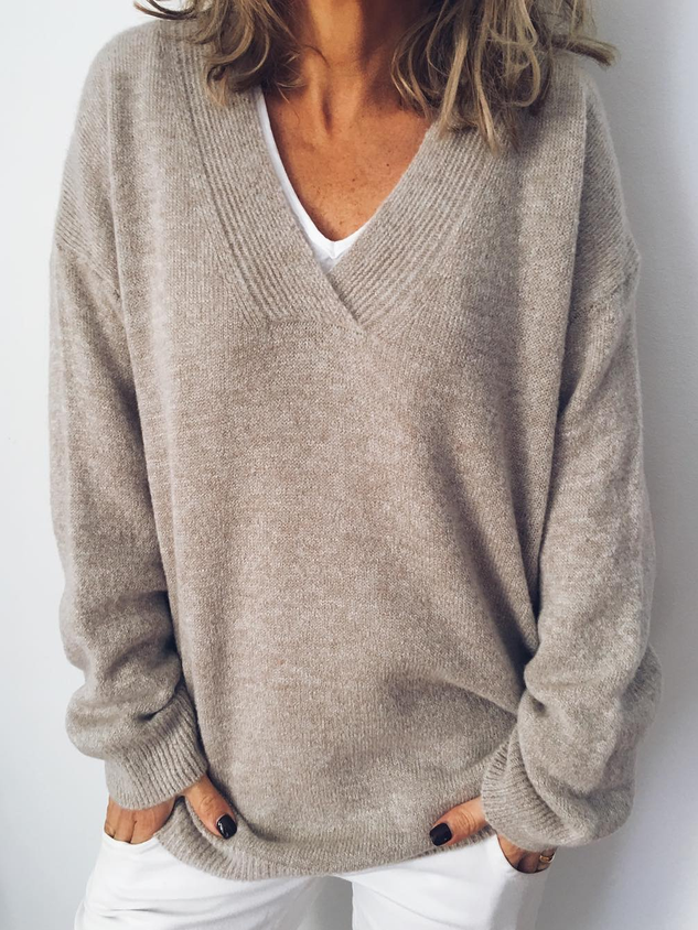 Cotton-Blend Long Sleeve V Neck Tops