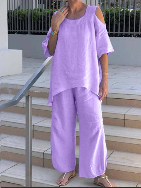 Fashion round neck cotton linen short sleeve Pants Set