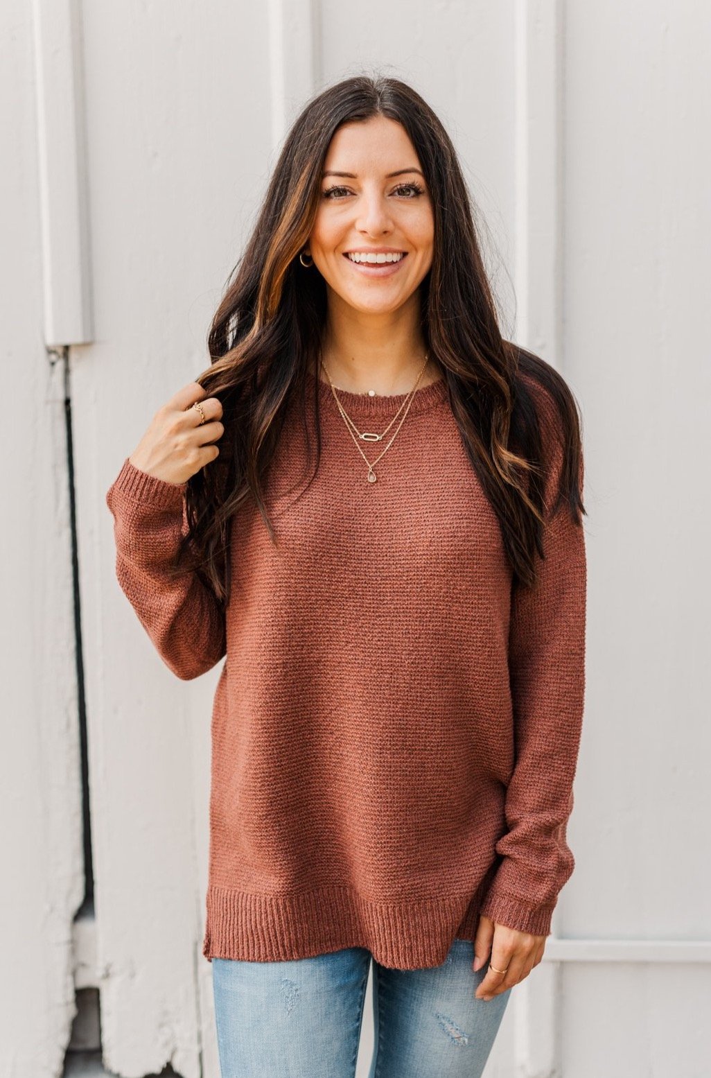 Reaching Out To You Knit Sweater- Brick