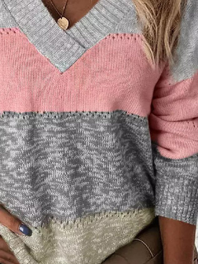 Women's Sweater Jumper Loose Patchwork Print Color Block Stylish Basic Casual Long Sleeve V-Neck Sweater Fall Winter 2022