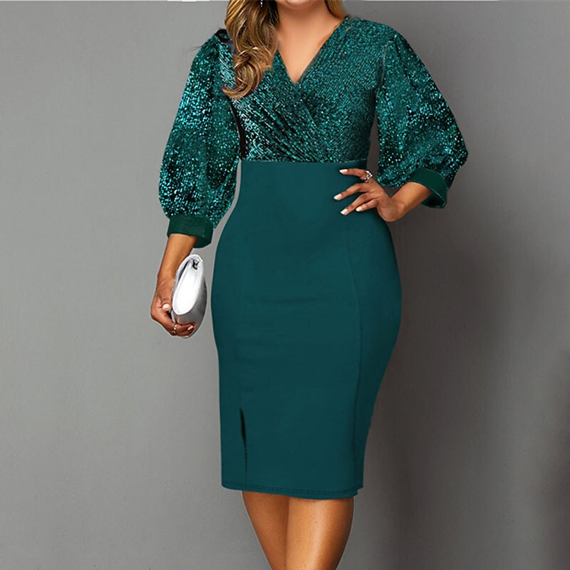Women's Plus Size Sequin Dress Pure Color V Neck 3/4 Length Sleeve Winter Fall Fashion Elegant Sequins Midi Dress Office Work Dress